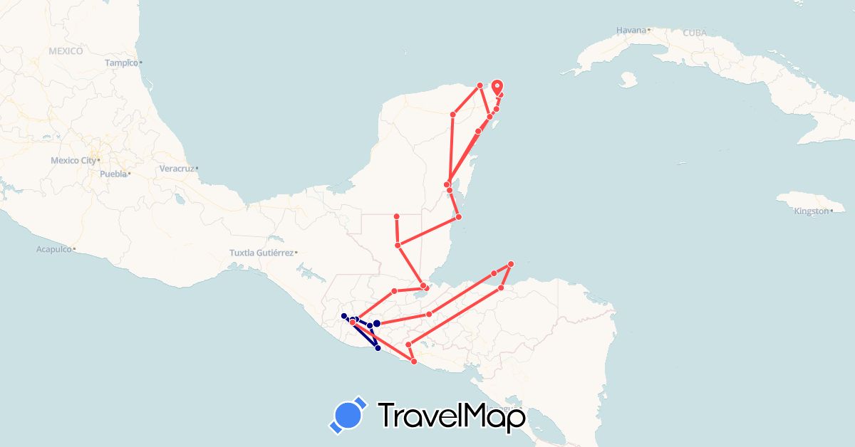 TravelMap itinerary: driving, hiking in Belize, Guatemala, Honduras, Mexico, El Salvador (North America)